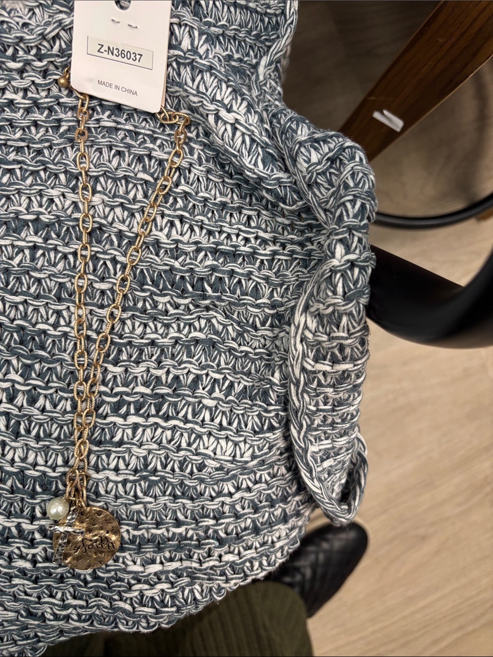 Grey and White Marled Knit Sweater Top with Chain Pendant